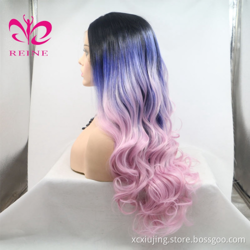 New design Straight and Curly lace frontal wig REINE  synthetic Three  ombre color wave hair lace front wig with baby hair